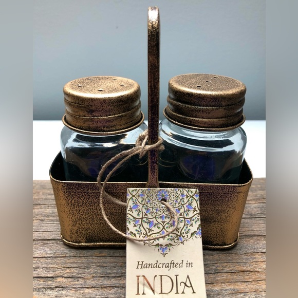 NEW Burnished Gold Rustic Look Salt & Pepper Shaker Set in Tray - Picture 2 of 10